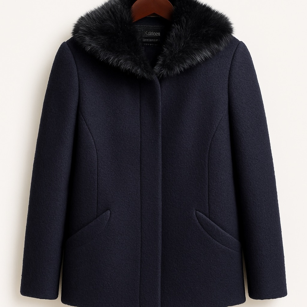 Laundry By Shelli Segal Navy Fur-Trimmed Pea Coat